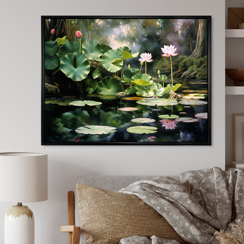 Étangs de lotus verts verts sur toile, Cadre flottant noir, H 16 po x l 32 po x P 1 po