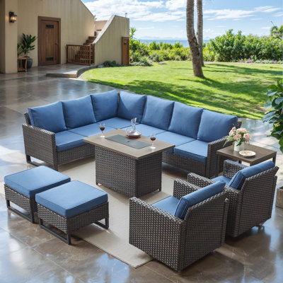 Hansencamp 9 - Person Outdoor Sectional Seating Group With Fire Pit With Swivel Glide Chair And Cushions