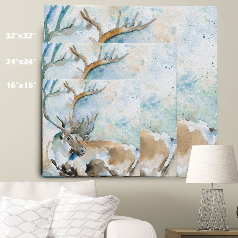 «Caribou on Blue» par Carol Robinson, reproduction d'art sur toile tendue, H 16 po x l 16 po x P 1,5 po