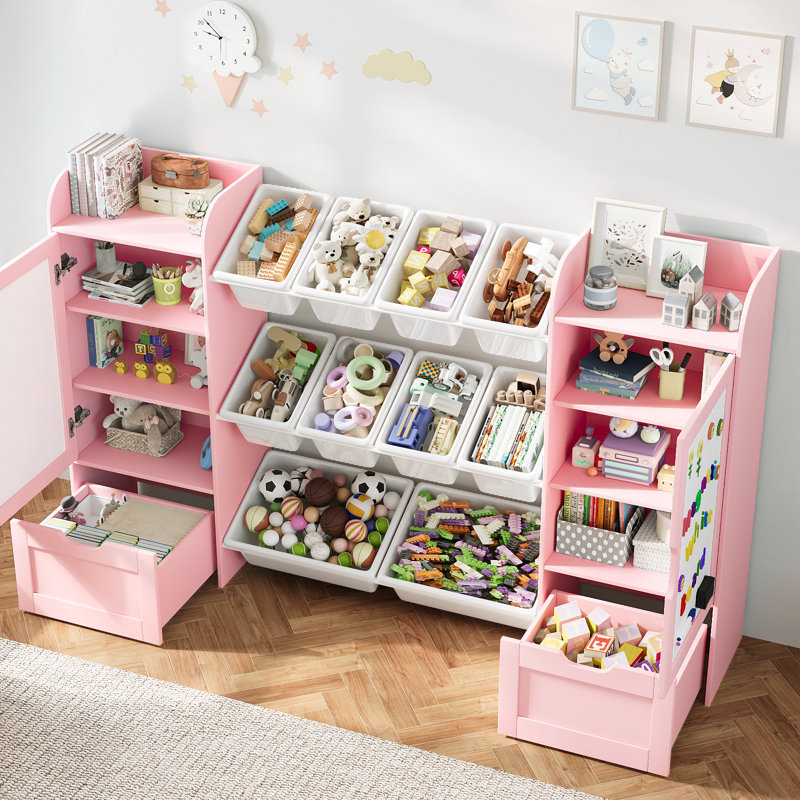 Rangement pour jouets de 168 cm de large avec 10 bacs en plastique, tablette et rangement pour jouets pour enfants avec 2 tableaux blancs magnétiques, 2 tiroirs et 2 placards pour chambre d'enfant, rose