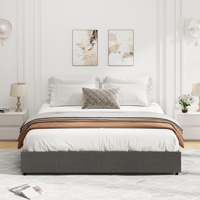 Bed Frame, Platform Bed Frame, Fabric Upholstered With 4 Storage Drawers, No Box Spring Needed, Wooden Slats Support, Noise Free, Easy Assembly, Dark Grey