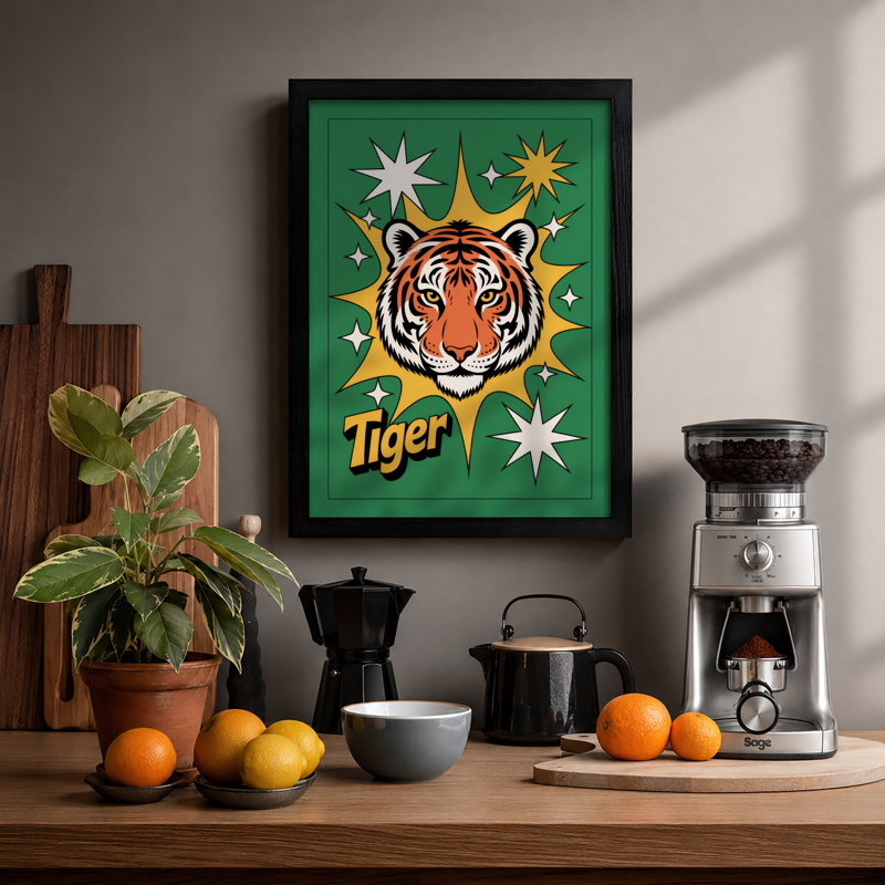 Tiger with Stars Retro - Framed Print, A3 - 42.0 x 29.7 cm, Black