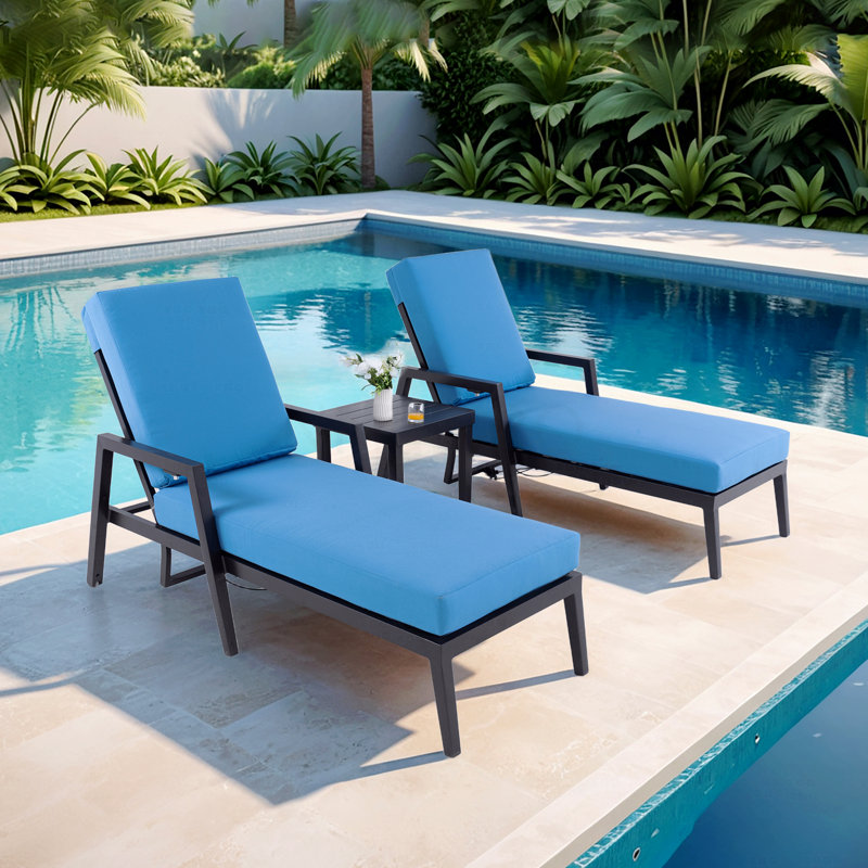 3Pc Chaise Lounge Set Black Outdoor Aluminum Patio Furniture , 2 Chaise & 1 End Table With Modern Tapered Feet Pneumatic Adjustable Backrest For Effortless Reclining Wheels Sunbrella Cushion Ember