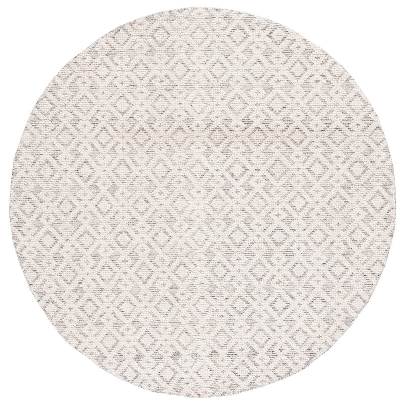 Vermont Hand Woven Wool/Cotton Geometric Rug in Ivory/Gray, Round 6'