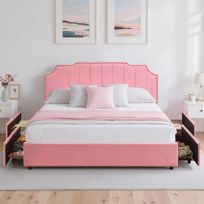 Velvet Storage Bed Frame, Vertical Channel Tufted Headboard, Underneath Storage, Upholstered Platform Bed with Storage Drawers, Wooden Slats Support, by Winston Porter