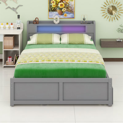 Storage Platform Bed With Pull Out Shelves,Bed Frame with Headboard