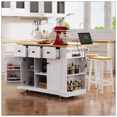 Large Kitchen Island With 2 Bar Stools, Power Outlet, Door Internal Storage, And 5-Wheel Mobility For Enhanced Functionality And Style