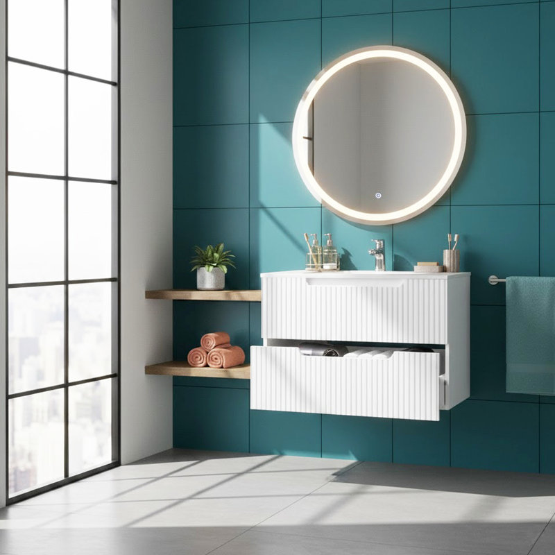 Lavabo de salle de bain flottant blanc 30 po, fixation murale, dispositif de fermeture en douceur, rangement spacieux, aspect moderne