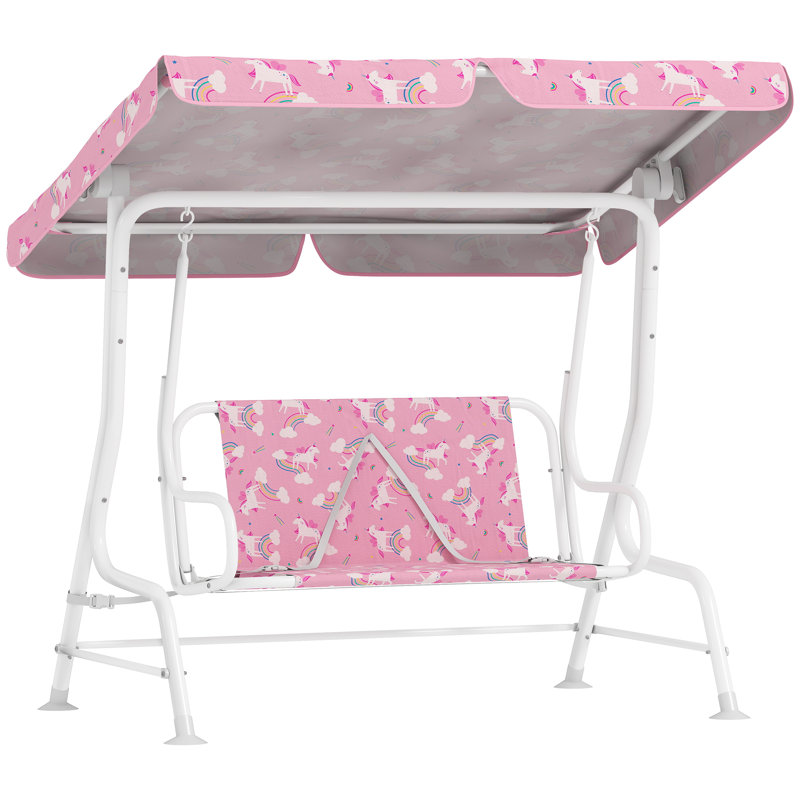 2 Person Porch Swing with Canopy, White, White/Pink