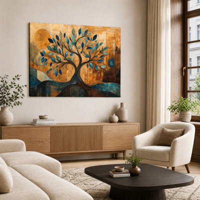 Abstrait bleu feuille d'arbre rétro, reproduction d'art sur toile tendue avec châssis