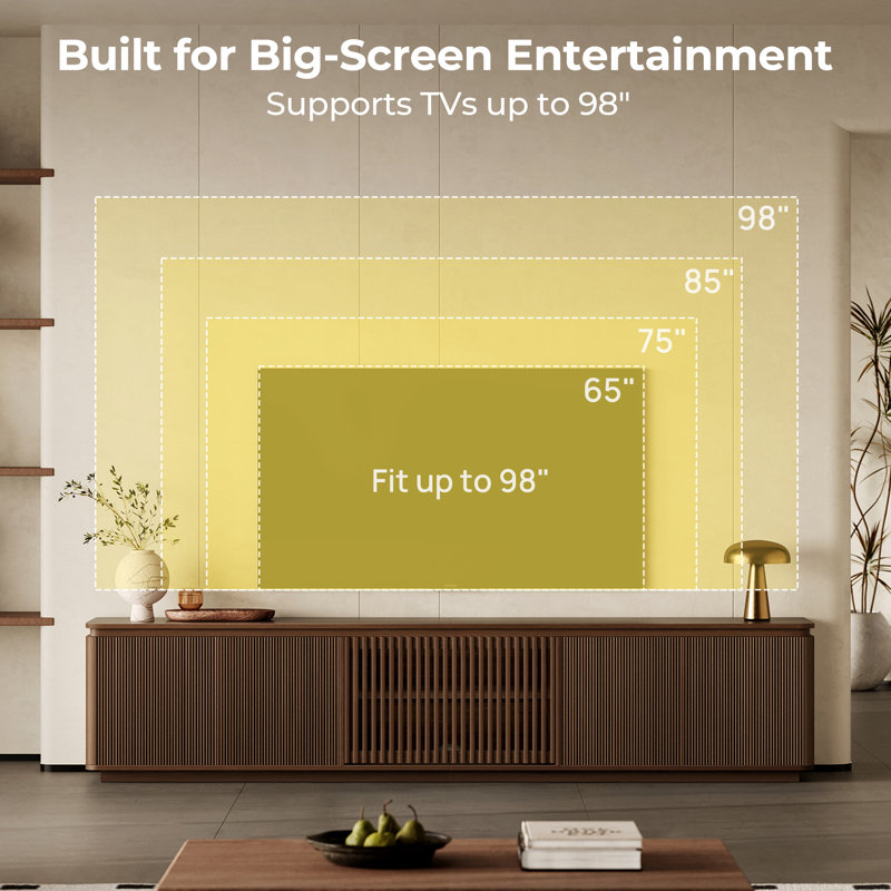 Meuble télé moderne de 240 cm (94,5 po) avec éclairage d'ambiance, portes cannelées et étagères réglables, console multimédia avec gestion des câbles, fini noyer.