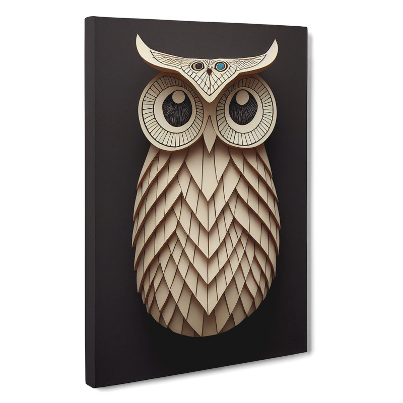 Paper Owl - Wall Art, 60cm H x 40cm W, Wrapped Canvas, Black/Grey/Peach