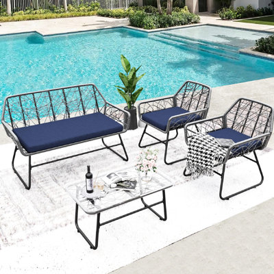 4 meubles de patio de jardin - table en verre trempé, coussins amovibles, fabrication en acier pour la détente en plein air