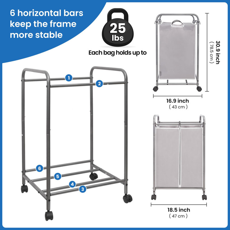 90 L Gal Laundry Hamper With Wheels, Clothes Basket Separator Sorter, 2 Bag Clothes Cart With Wheels And Removable Bags For Closet, Dorm, Collage, Grey