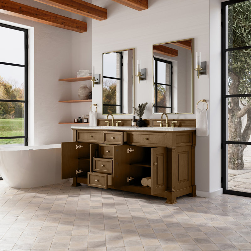 Brookfield 72'' W Double Vanity, Eternal Jasmine Pearl, Honey Oak