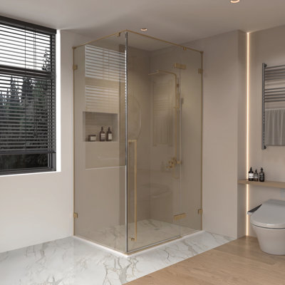 Drew Porte de douche pivotante réversible 45,6po–46po x 79po en or brossé avec verre teinté brun et panneau latéral 30,2–30,5po