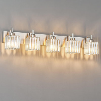 Modern 5-Light Bathroom Vanity Fixture With Crystal Shades, Easy Installation, Dimmable Lighting