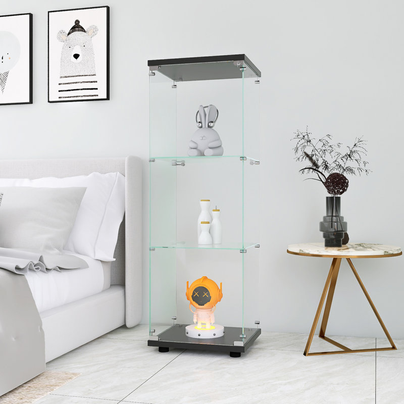 Glass Display Cabinet With 3 Shelves, One-Door Curio Cabinets For Living Room, Bedroom, Office, Floor Standing Glass Bookshelf, Quick Installation