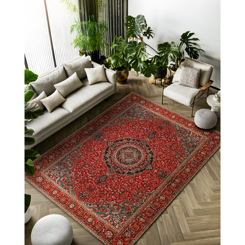 Zaria Collection Digital Print Cotton-Polyester Burgundy Oriental Rug, Runner 5'3" x 14'10"
