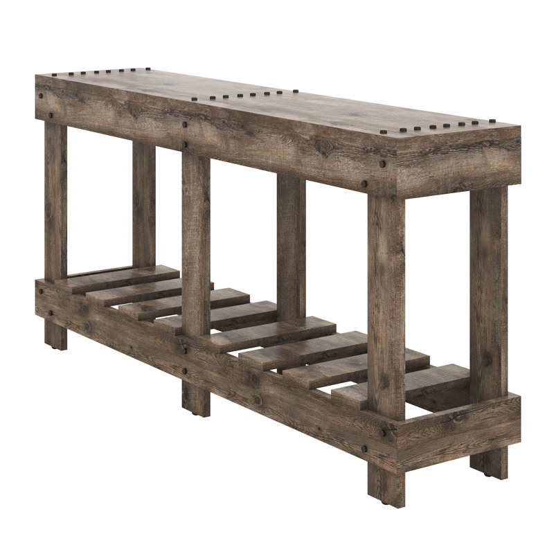 62.9" Console Table Entryway, Vintage Style With Metal Rivets & Storage Shelf, 4.5" Thick Desktop, Natural
