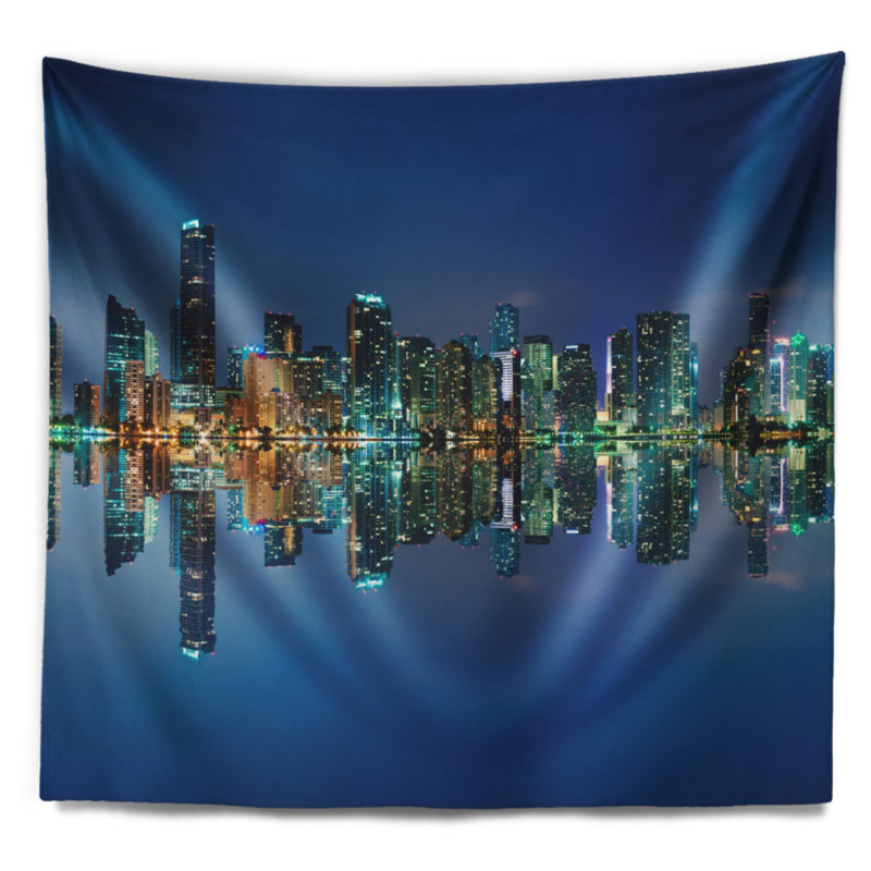 Cityscape de l’horizon de miami en polyester à la nuit avec tapisserie réfléchissant avec accessoires suspendus inclus