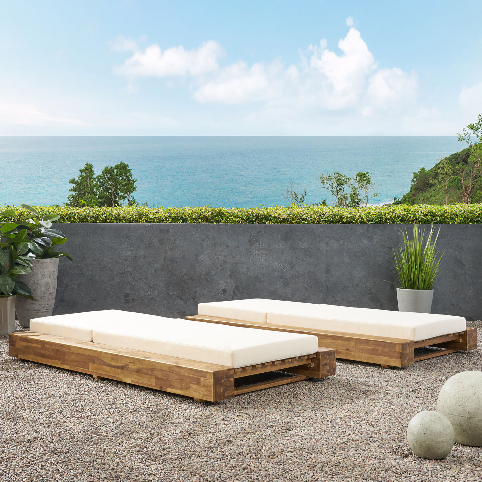 Donnie 39'' Outdoor Acacia Chaise Lounge, Sandblast Teak Frame/Cream Cushion