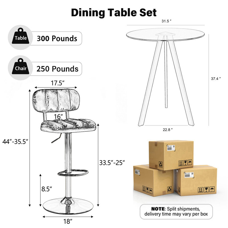 Ensemble de bar moderne, table en verre de 31,5 po + 2/4 tabourets en polyuréthane pour îlot de cuisine, Gold/Beige