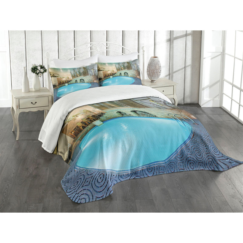 Addiley Blue/Beige Microfibre Bedspread Set, 220 x 264 cm Bedspread - 2 Shams