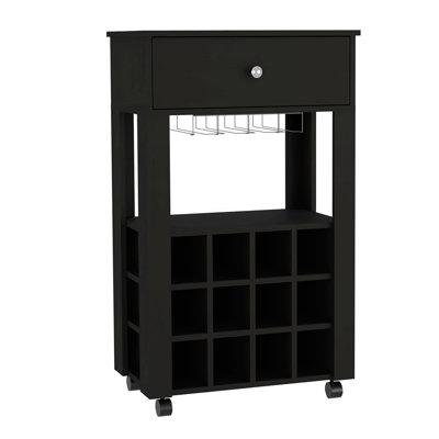 Bar- Coffee Cart, Kitchen Or Living Room Cabinet Storage, With 12 Bottle Racks, A Central Shelf With  1 Cup Holders, 1 Drawer