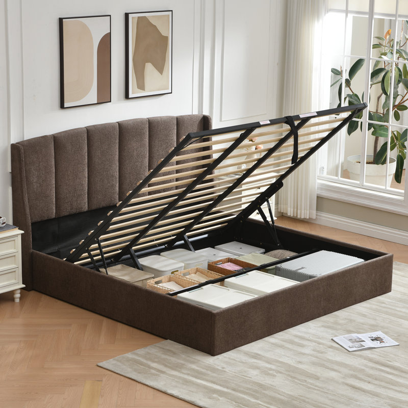 Lit plateforme tapissier avec rangement Balynda, Très grand lit, Taupe