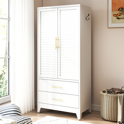 Garde-robe en métal blanc avec 2 portes et tiroirs, armoire de rangement de 71 po de hauteur pour chambre à coucher, garde-robe portable léger pour petits appartements, dortoir, locataires, acier laminé à froid, assemblage facile