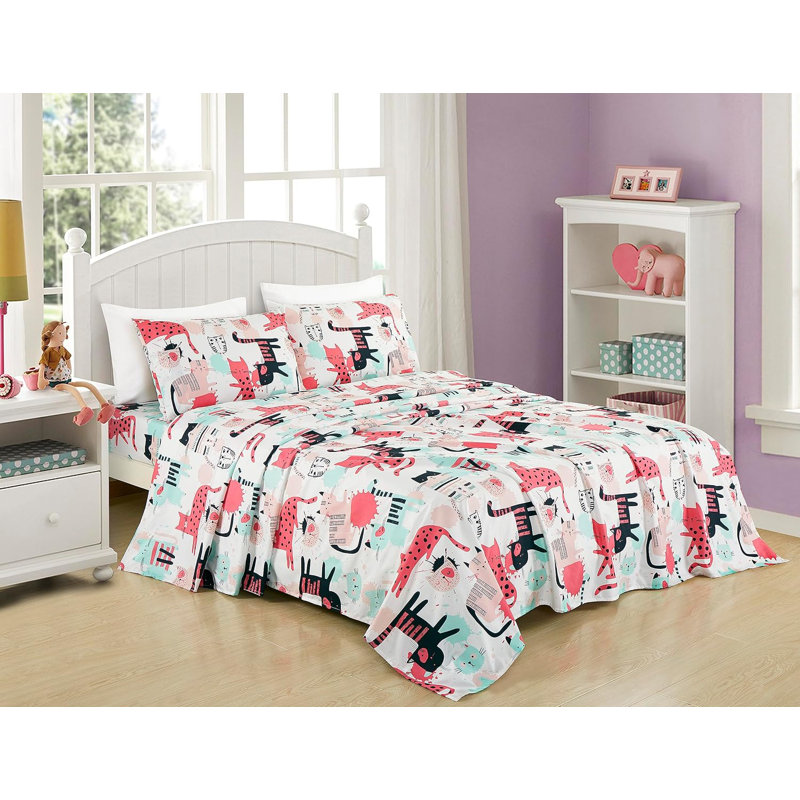 Microfiber Cartoon Cats Sheet Set, Twin Sheet Set + 1 Fitted Sheet + 1 Pillowcase
