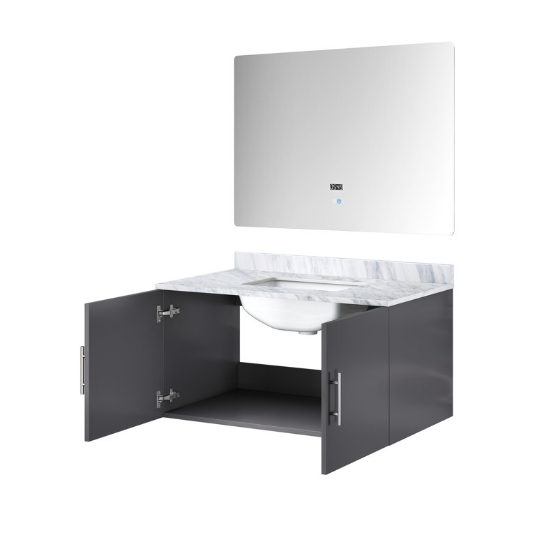 Meuble-lavabo gris foncé avec comptoir en marbre Miroir à DEL - Espace de rangement intérieur spacieux, salle de bain et évier l 22 po x P, fermeture en douceur, surface