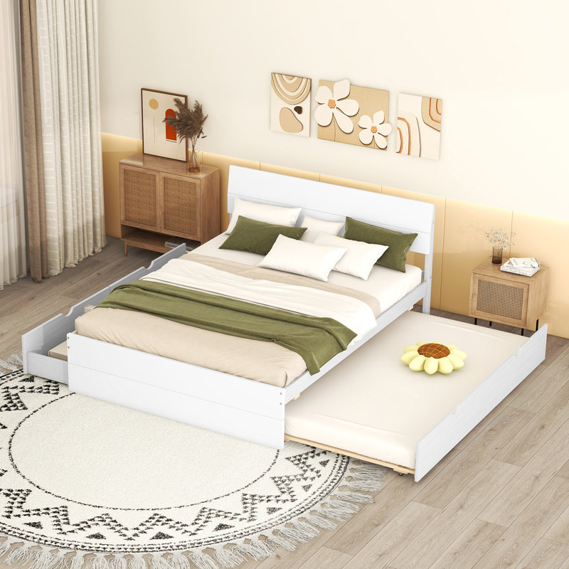 Cadre de lit double moderne avec lit gigogne simple et 2 tiroirs pour blanc brillant et blanc délavé
