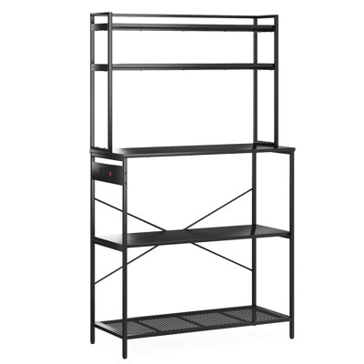 5 Bakers Rack With Electrical Outlets, 39 Inch Microwave Stand, Coffee Bar, Kitchen Storage Shelf To Optimize Home Counter Space - Black Engineered Wood, 67.63 Inches Tall, 150 Lbs Per Tier Utilize