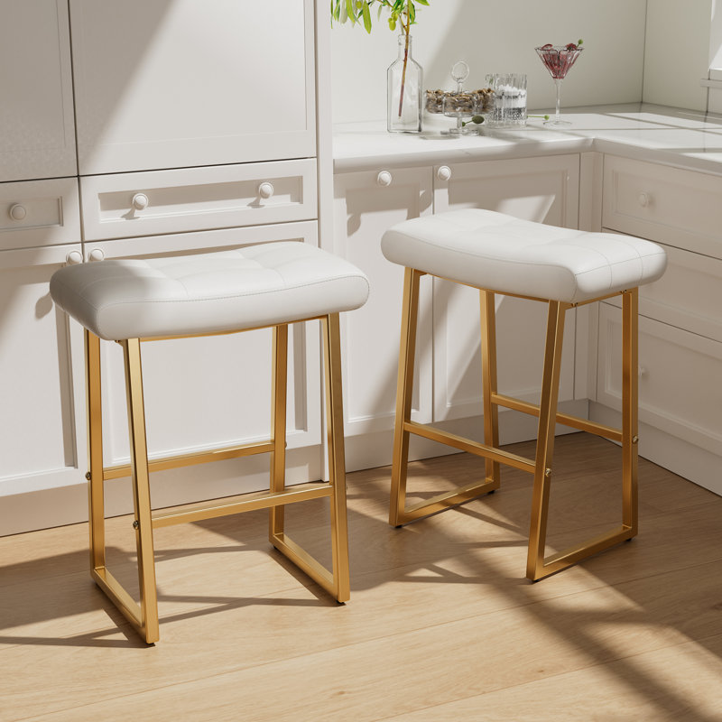 Faux Leather Wide Cushion Bar Stool With Metal Frame, White Seat/ Gold Frame