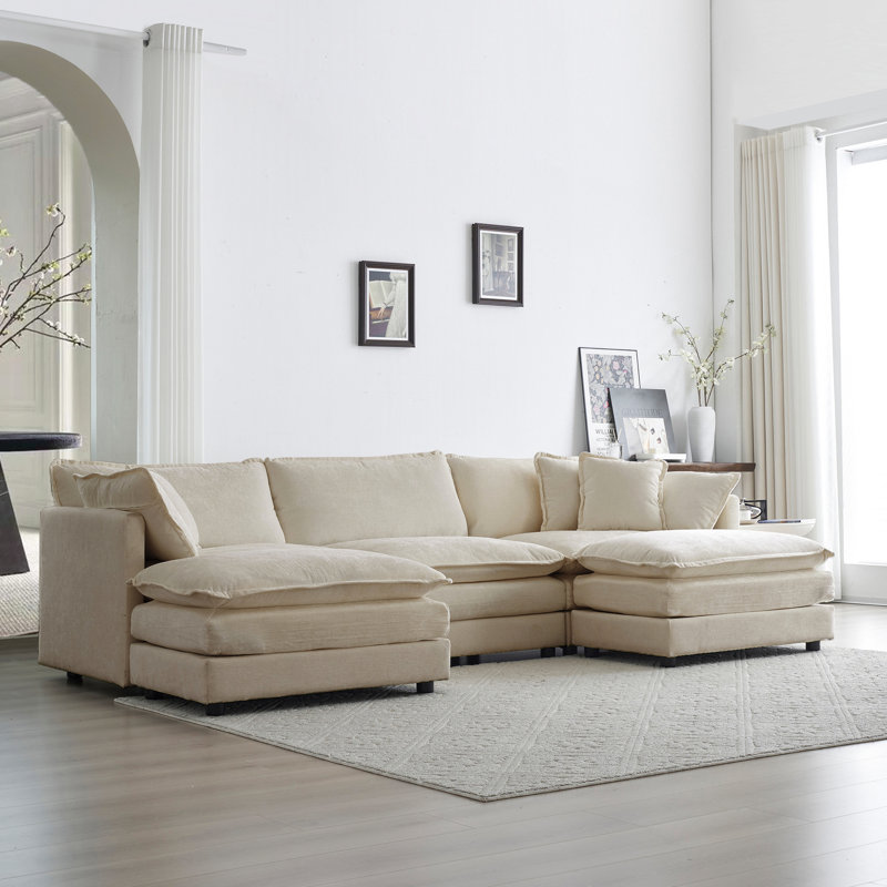 Canapé modulaire en forme de U, canapé convertible 5 places en chenille beige, canapé de coin de style moderne pour le salon, doux et confortable