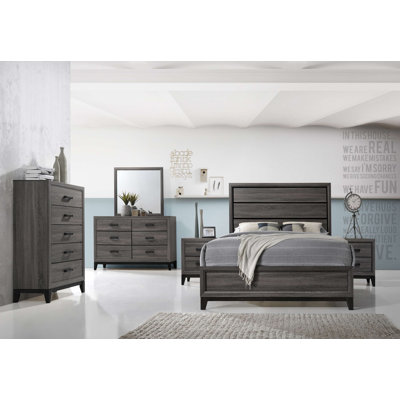 Queen Size 6-Piece Contemporary Bedroom Set with Panel Bed, Dresser, Mirror, Chest, and Two Nightstands in Grey and Black