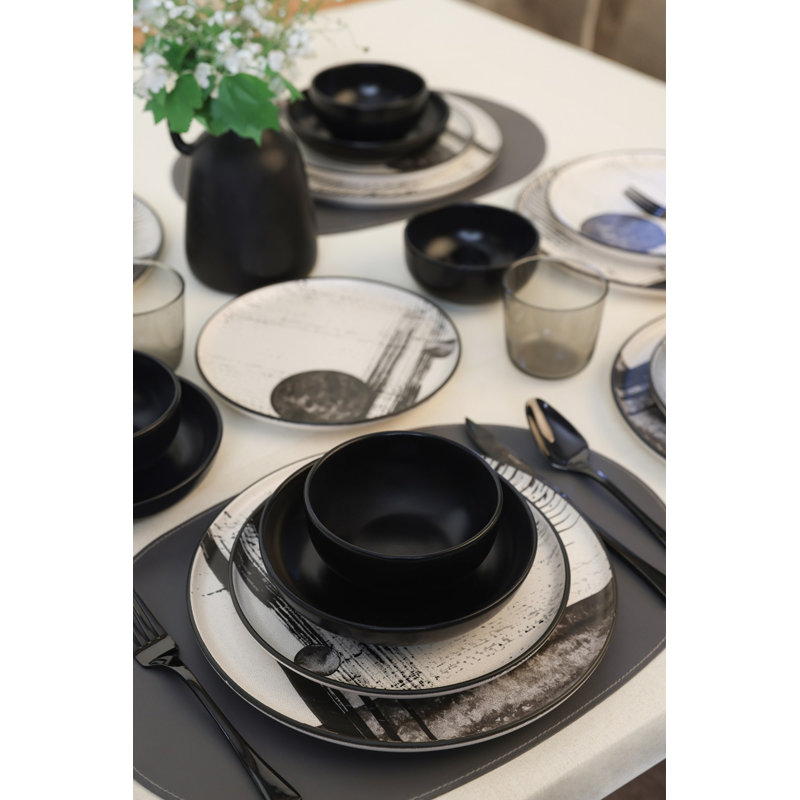 24-Piece Dinner Set, Black & White Ceramic Stoneware | Includes 6 Service Plates (11.0 in), 6 Plates (7.1 in), 6 Bowls (4.7 in), 6 Dessert Plates (8.7 in) | Antibacterial, Easy to Clean, Thermal Shock Resistant, Dishwasher & Microwave Safe