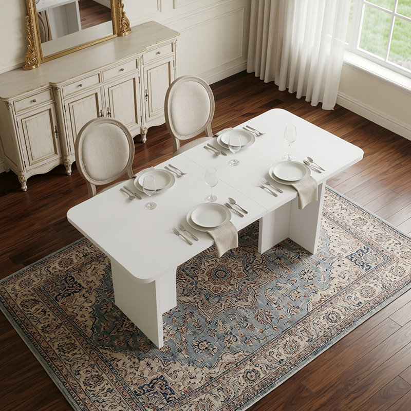 Modern White Rectangle Dining & Desk Table – Solid Wood Base, Seats 6