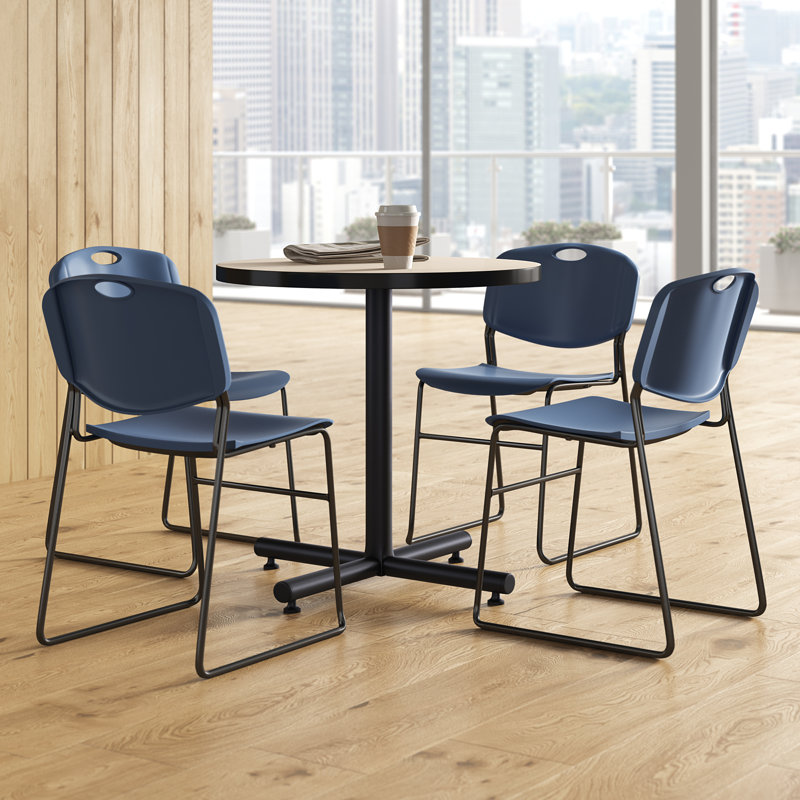 Nicklos Round X-Base Breakroom Table, 4 Zeng Stack Chairs, Cherry, Blue