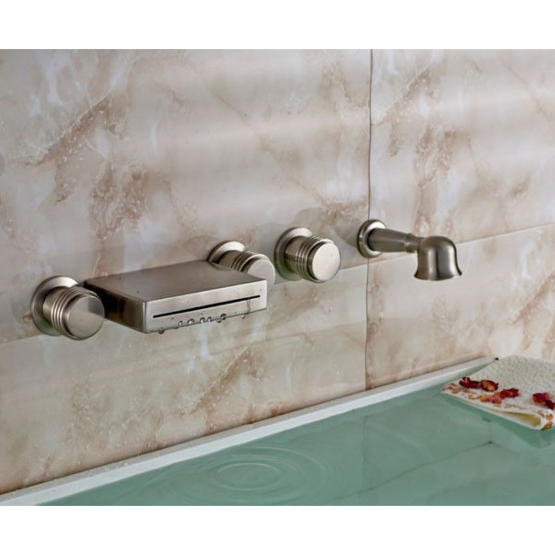 Juno Wall-Mounted Brushed Nickel Bathtub Faucet with Waterfall Spout & Handheld Shower