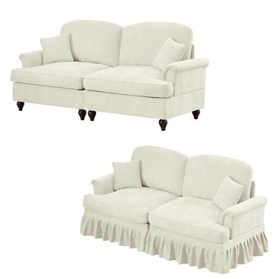 Canapé à causeuse en chenille à deux places avec jupe à volants amovibles et pieds fuselés - Canapé Mid-Century confortable pour le salon