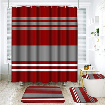 4 Piece Red Grey Stripe Shower Curtain Set With Bath Rugs & Toilet Lid Cover