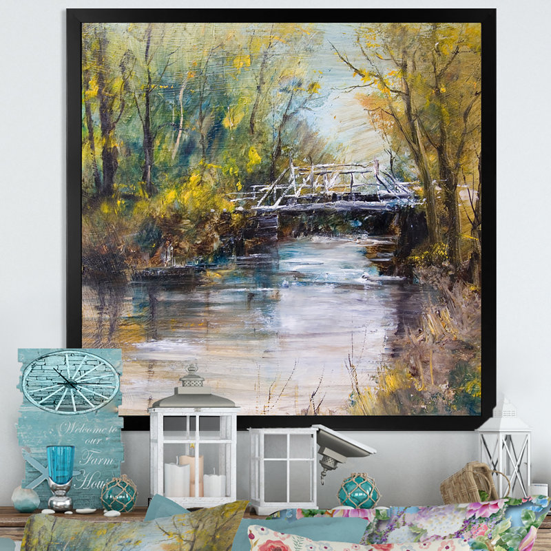 Pont blanc sur une rivière d'été - art mural traditionnel sur toile, H 16 po x l 16 po x P 1 po, Cadre photo noir
