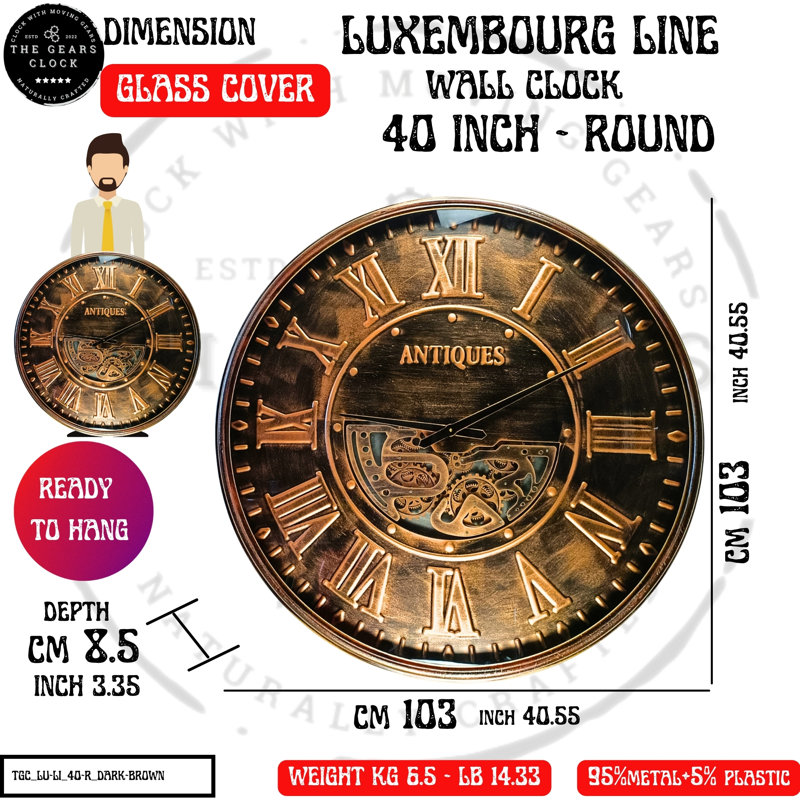 THE GEARS CLOCK Wall Clock with Real Moving Gears LU-LI_ 40 in Round DARK-BROWN
