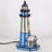 Small Tiffany Lighthouse Stained Glass Accent Table Lamp Night Light for Home Decoration (White Blue)