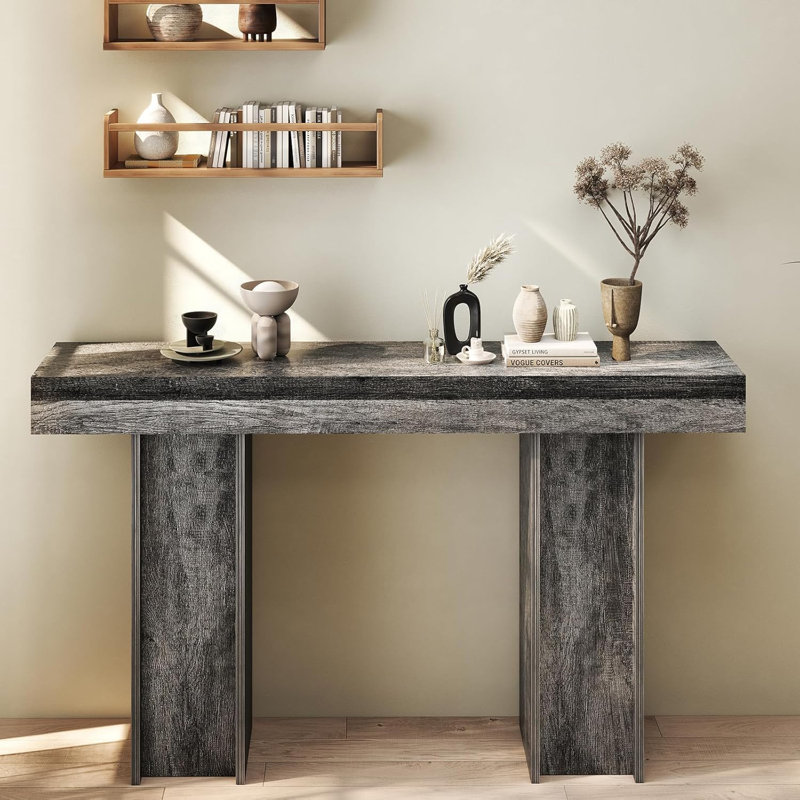 54" Narrow Console Table Sofa Table with Back Hidden Storage, Gray Wood