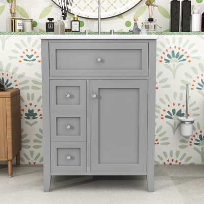 Wooden Bathroom Vanity with Ceramic Sink, Shelf and Four Drawers