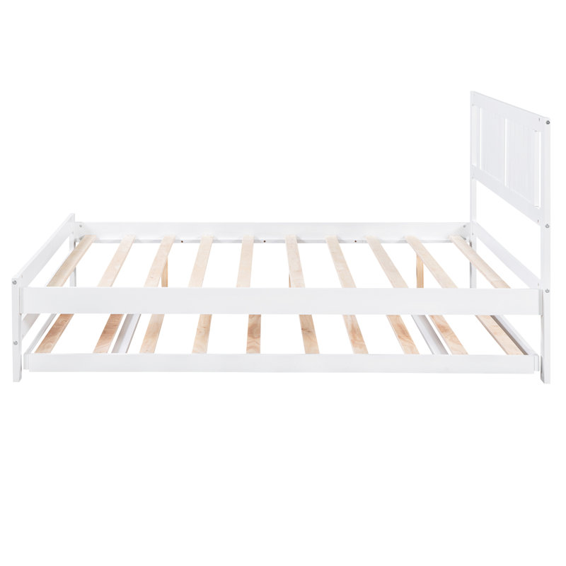 Full Platform Bed With Adjustable Trundle - Solid Pine Wood Size Variable And, White